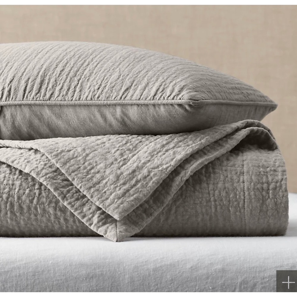 Restoration Hardware Vintage Washed Linen Channel King Quilt & Two Euro Shams